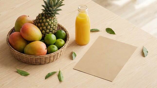 Healthy eating, organic fresh fruits, mango, pineapple, lime, juce bottle and blank flyer template, isometric view