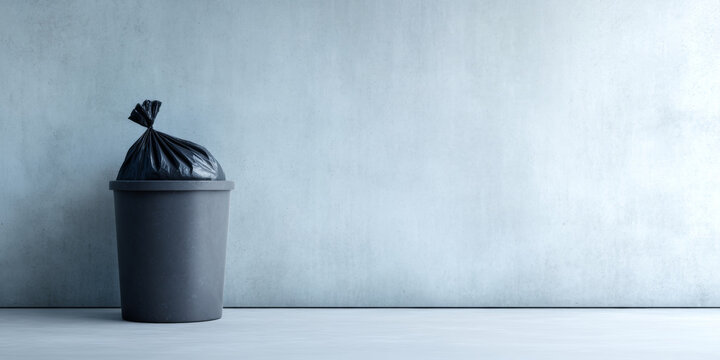 Black trash bag in gray bin indoors