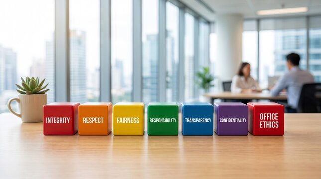 Colorful wooden cubes displaying essential corporate values like integrity respect fairness responsibility transparency confidentiality and ethics for modern professional workplaces today