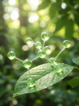 A molecular structure model made of glass spheres and rods resting on a green leaf covered with water droplets in a sunlit forest background