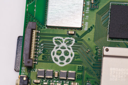 Mnichovo Hradiste, Czechia &ndash; May 31 2025: Close-up of Raspberry Pi 5 single-board computer circuitry