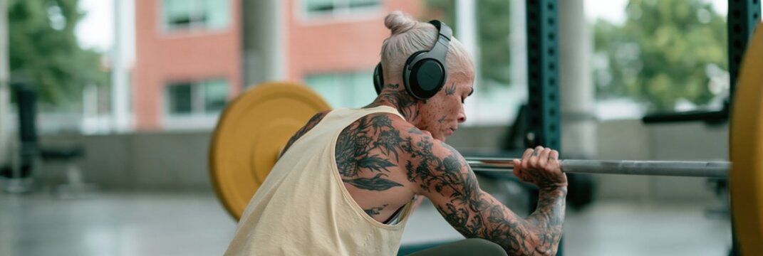 Elderly tattooed man performing a barbell squat in a gym for fitness and strength training banner or background use