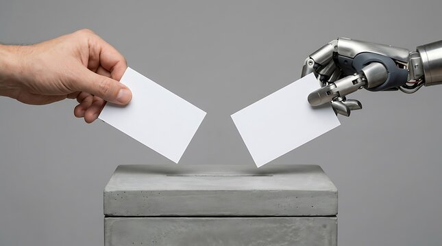 A human hand and a robotic hand holding white blank cards over a concrete ballot box for a voting or decision making concept