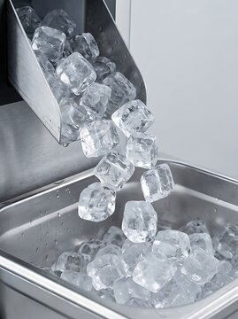 Clear ice cubes falling from a stainless steel ice machine dispenser into a metal container tray in a modern kitchen setting