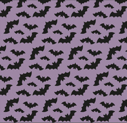 Fototapeta premium Seamless Halloween pattern with black flying bats on a soft lavender purple background. Spooky repeat pattern for Halloween decorations, wrapping paper, textiles, fabric, wallpaper, packaging, party s