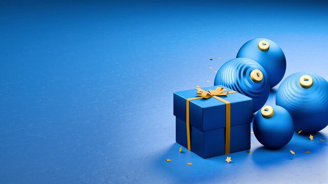 Christmas present box and christmas baubles in blue on blue background. Star confetti falling down. Copy space for your own message