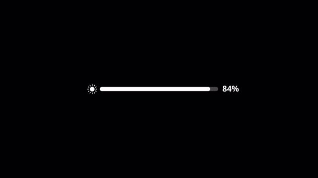 Brightness slider level control animation isolated on black background, slider level adjust 0 to 100, simple brightness contrast icon animated.

