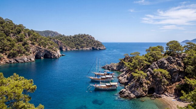 Marmaris Pine Coast in Muğla &mdash; a cove with gulets moored close to the rocks