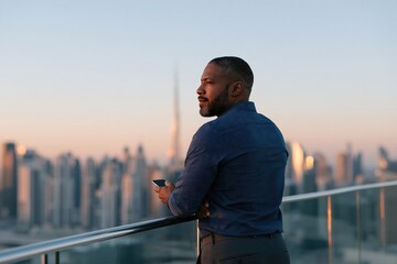Obraz premium Executive looking over metropolitan skyline from rooftop terrace at sunset for corporate background and banner composition