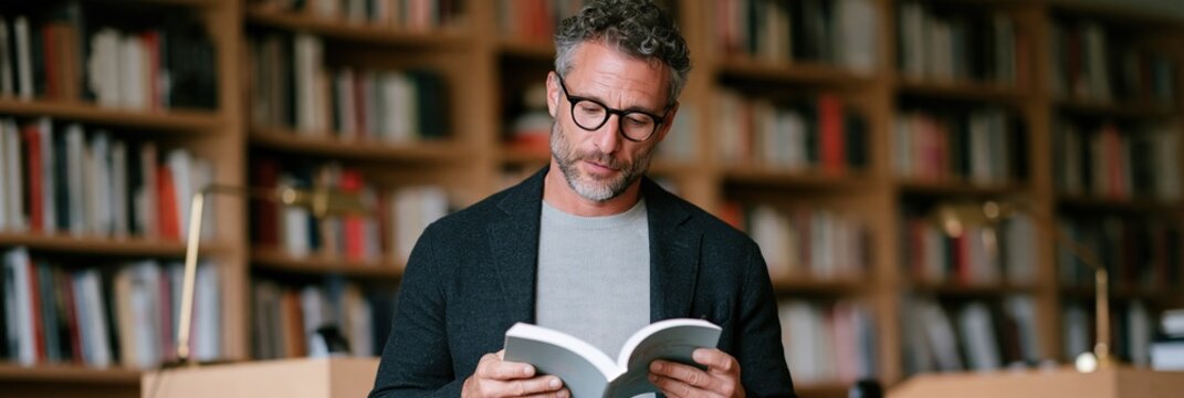 Middle aged man reading a book in a library background for education and learning banner or website design and study concept