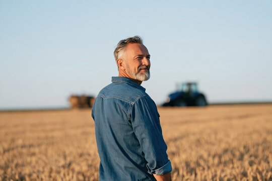 Rear three quarter portrait of mature farmer in wheat field with tractor blurred behind for agricultural banner and wallpaper design