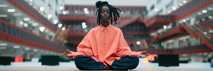 Obraz premium Young man meditating in a modern atrium with geometric architecture for mindfulness background and wellness banner