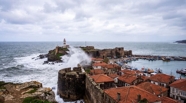 Sinop Peninsula Fortress in Sinop &mdash; the sea wall with waves breaking against it