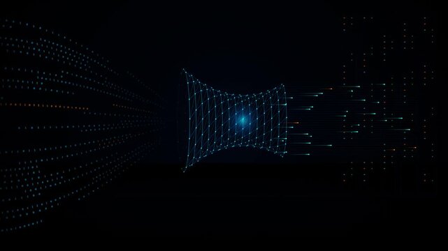 Blue quantum data matrix flowing into a central processing funnel