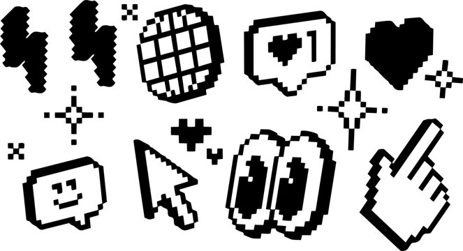 Social media and gaming pixel art icon set with like button