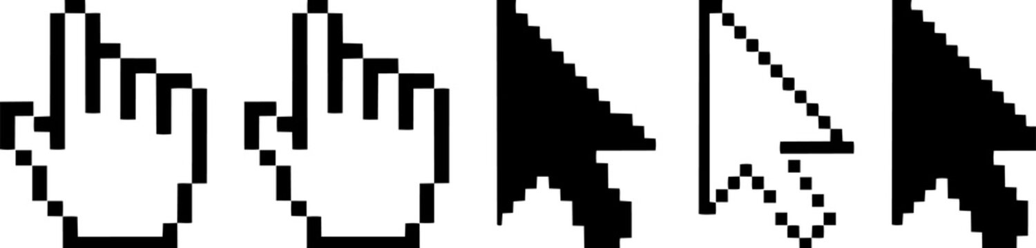 Assorted black and white pixel art cursor and hand pointer icons with UI design