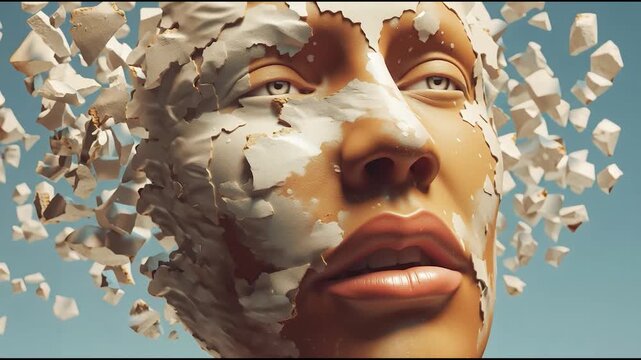 Surreal portrait of human face dissolving into fragments, concept of identity, transformation and digital deconstruction with minimal sky background