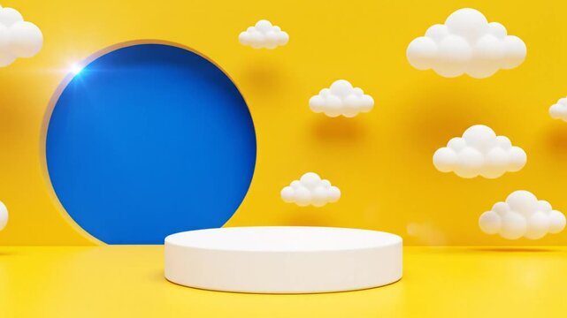 Bright yellow stage with white podium and cloud decorations against a blue circle backdrop for product presentation