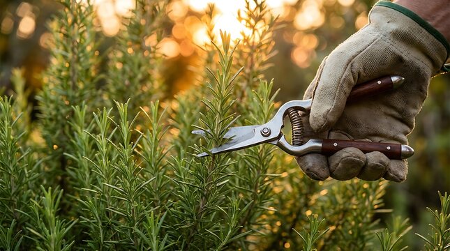 A gardener wearing a thick protective work glove using metal pruning shears to trim fresh green rosemary branches in a sunny outdoor garden