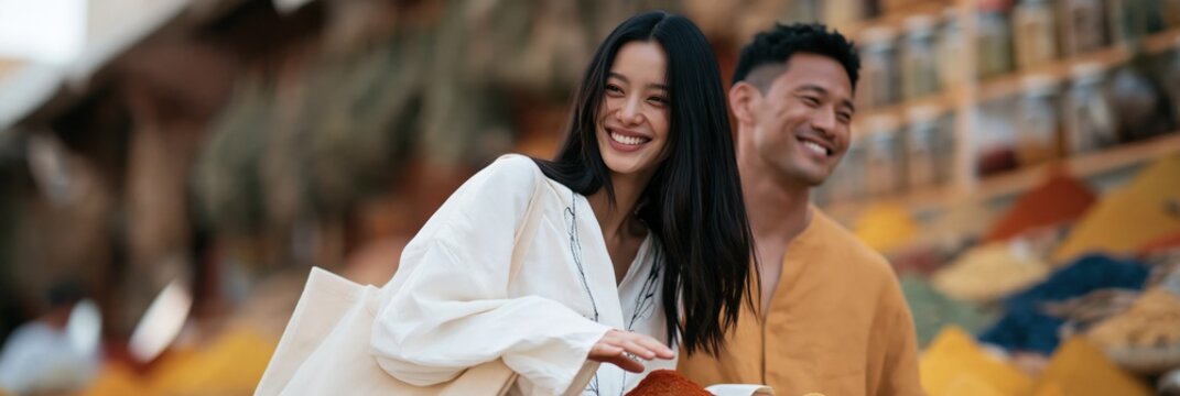 Smiling multicultural couple shopping at colorful spice market for travel lifestyle banner and market background