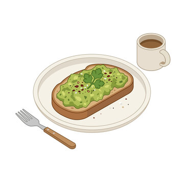 Healthy avocado toast on plate with coffee cup and fork isometric vector illustration isolated on transparent background perfect for healthy eating breakfast menu.