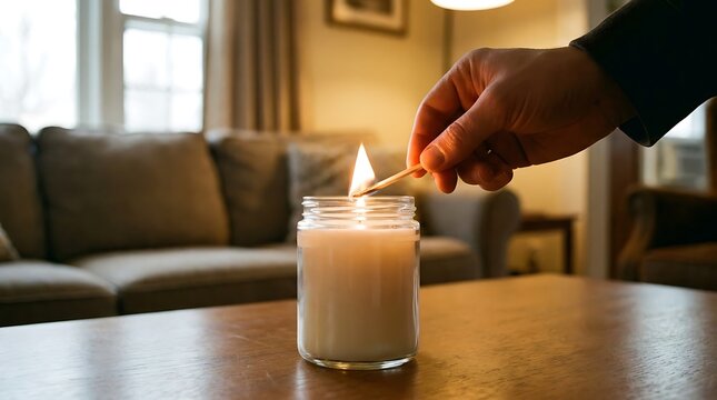 A hand holding a lit match to ignite a white candle in a glass jar on a wooden table inside a cozy living room with a sofa in the background