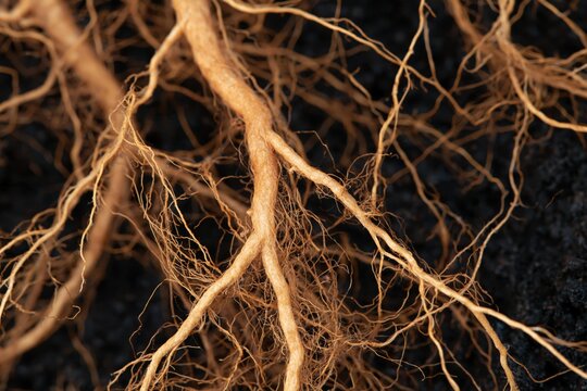 Closeup macro of delicate plant root network in dark soil for botanical study background and texture