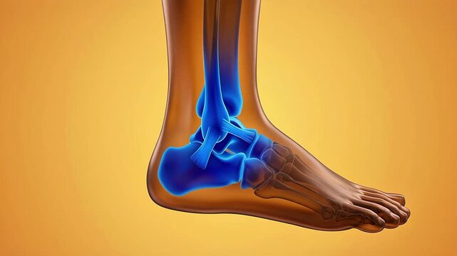 3D medical animation of the human foot and ankle joint with blue highlights on the skeletal structure for anatomical study and diagnosis