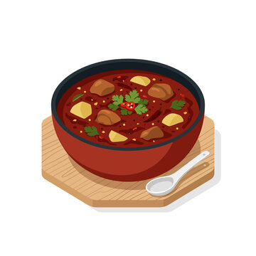 Beef stew bowl with potatoes on wooden board with ceramic spoon is ideal for rustic restaurant menu designs and isometric hearty soup vector illustrations.