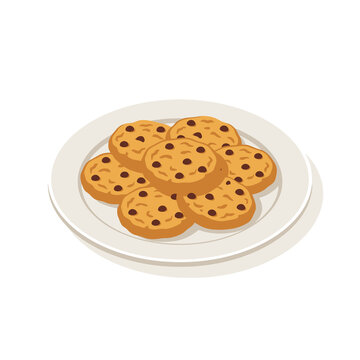 Chocolate chip cookies served on ceramic white plate is ideal for bakery shop branding cafe dessert graphics and isometric home baking vector illustrations.