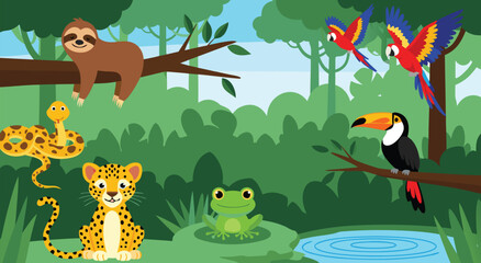 Fototapeta premium Vector illustration of a vibrant tropical rainforest environment featuring various jungle animals as the main subject in a wide view
