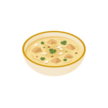 Bowl of creamy soup garnished with cilantro and sliced nuts in isometric style flat illustration ideal for restaurant menu designs or digital food blog content.