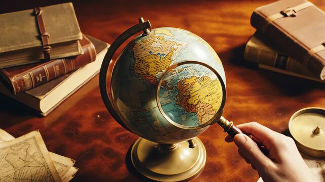 Person exploring world map on globe with magnifying glass