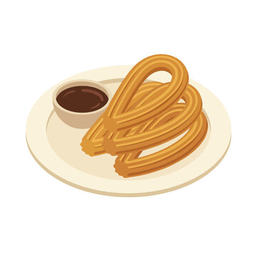 Plate of crispy fried churros with small bowl of chocolate dipping sauce isometric style for dessert cafe menus restaurant promotional food graphic design assets.