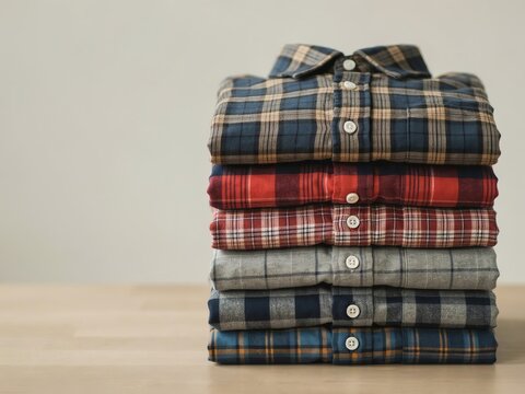 Stack of six folded plaid flannel shirts in various colors, neatly arranged on a wooden surface folded shirts