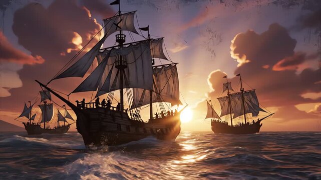 Fleet of vintage sailing ships navigating the ocean during sunset