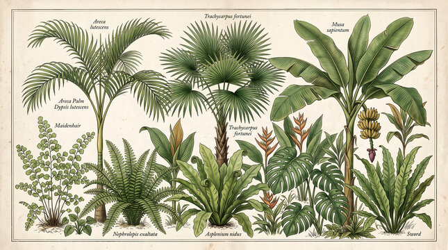 Vintage botanical scientific illustration poster of exotic tropical palm trees banana plant and jungle foliage ferns with Latin taxonomy names on aged parchment background for wall decor