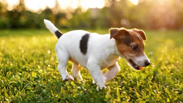 Cute Jack Russell Terrier puppy runs around VSRExport in the grass during sunny day