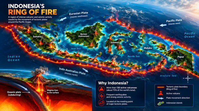 Indonesia Ring of Fire Infographic with Volcanoes, Tectonic Plates, Earthquake Zones and Geological Activity