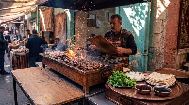 Ciğer Şiş in Şanlıurfa &mdash; skewered liver cubes with tail fat, wide environmental stall scene