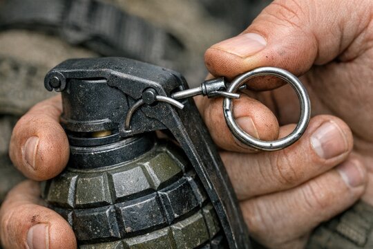 A person's hand holds a metal grenade shaped object