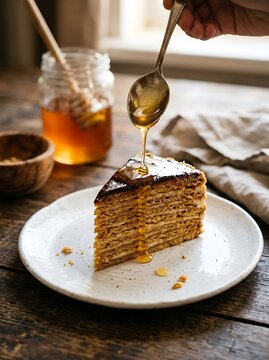 A hand holding a silver spoon pours golden honey over a slice of layered honey cake placed on a white ceramic plate on a wooden table surface