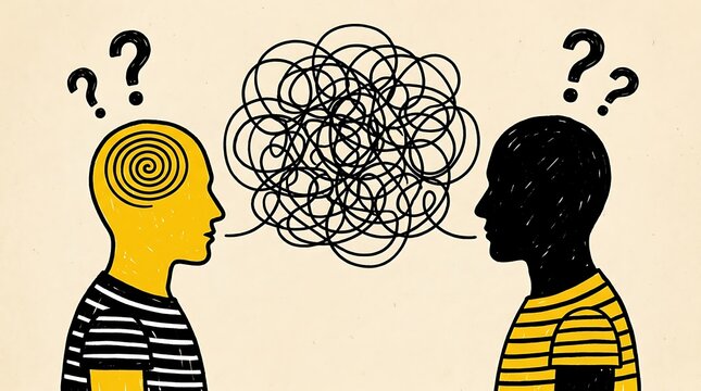 An of two people facing each other with a messy scribble of lines between them representing a communication breakdown or confusion
