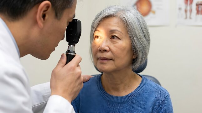 An asian doctor uses an ophthalmoscope to examine the eye of an elderly woman with grey hair during a routine checkup in a bright medical office