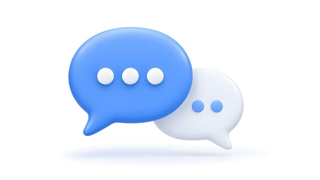 3D render of blue and white speech bubbles with typing dots on a white background. Concept of digital communication chat messages and online dialogue.