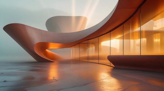 Abstract 3D neomorphic architectural background with curved terracotta structures, amber glass, and soft morning light with copy space