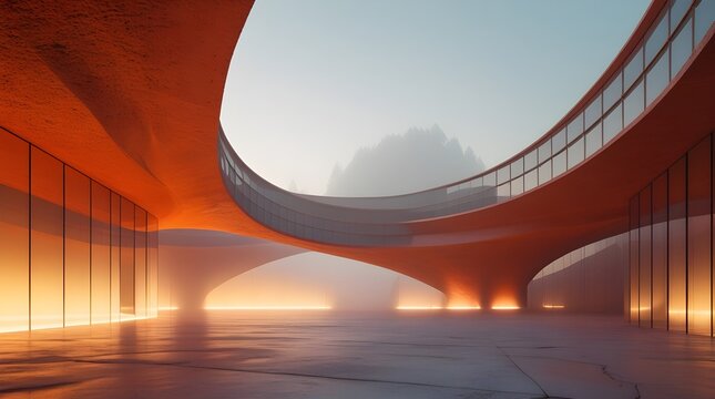Abstract 3D neomorphic architectural background with curved terracotta structures, amber glass, and soft morning light with copy space.