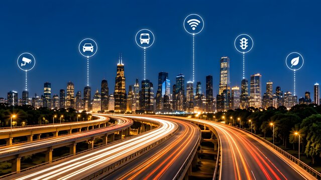 Futuristic smart city transportation network with glowing light trails and internet of things infrastructure icons over urban skyline
