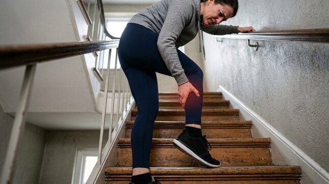 Low angle shot of a woman holding her calf muscle in pain with a red inflammation glow while climbing indoor wooden stairs.