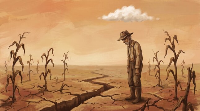 Conceptual illustration of a farmer standing in a severely dry agricultural field with damaged crops, representing the impact of drought and water scarcity on agriculture.